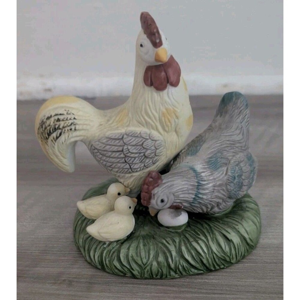 Vintage AMS Chicken Family Figurine Rooster Hen Chicks Ceramic Taiwan Farmhouse